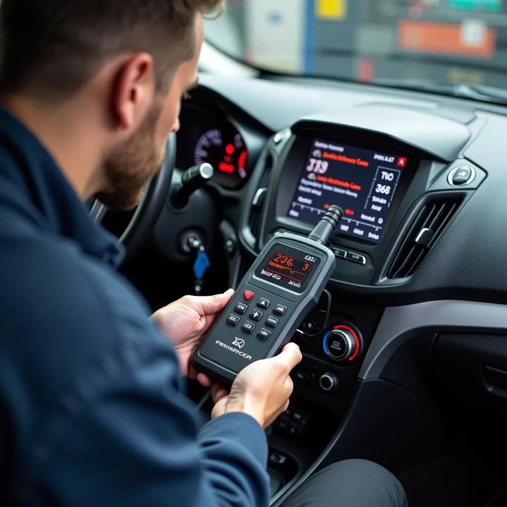 Mechanic using a diagnostic tool to troubleshoot a car's audio system