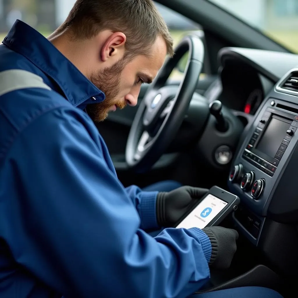 Mechanic using diagnostic tool for car Bluetooth