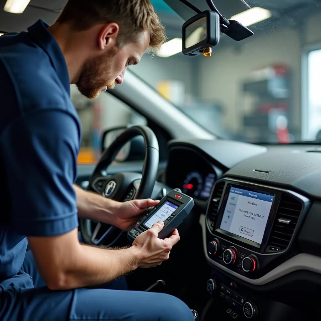 Mechanic using diagnostic tool on car with immobilizer problem