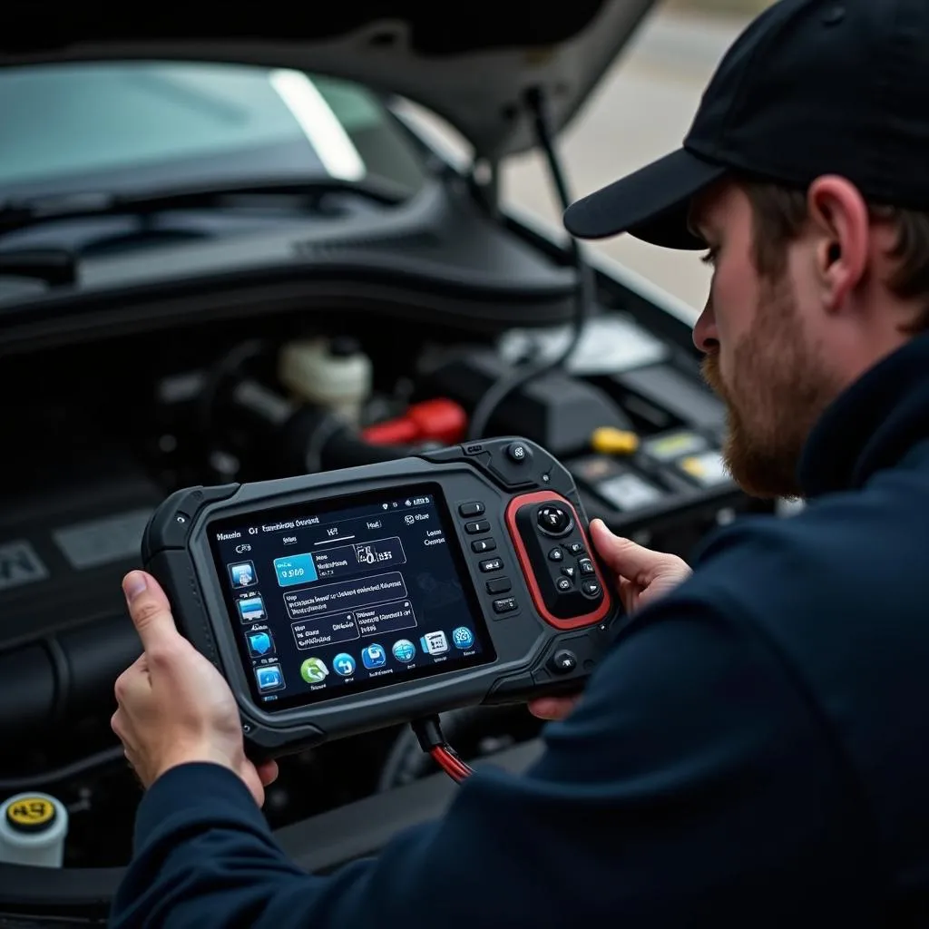 Mechanic using computer to diagnose car problem