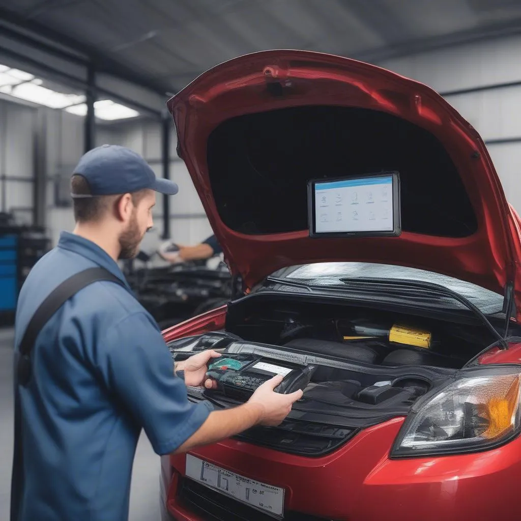 Mechanic using a diagnostic tool on a car