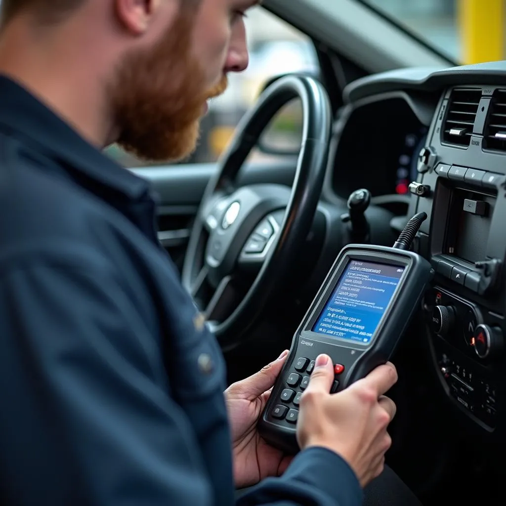 Mechanic using a diagnostic scanner on a car