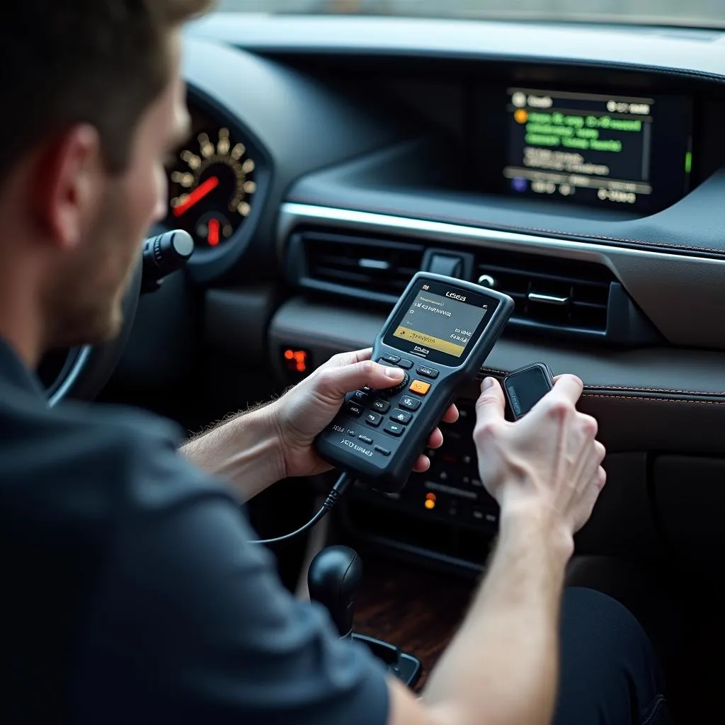 Mechanic Diagnosing Lexus with Scanner