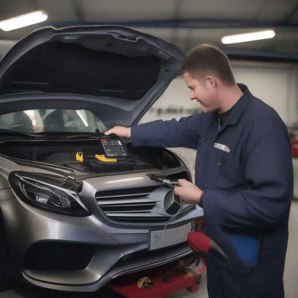 Mechanic Diagnosing Mercedes C300 Door Actuator