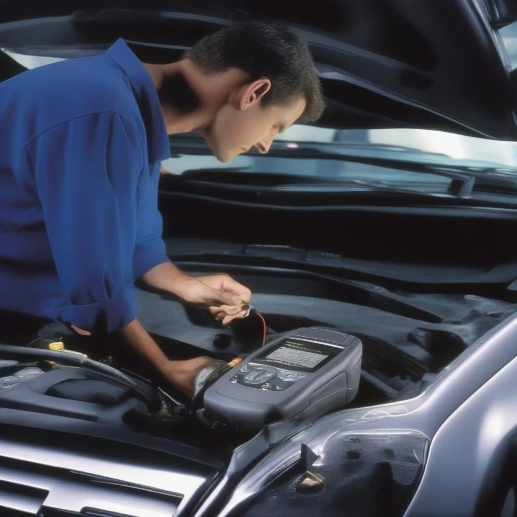 Mechanic Diagnosing Mercedes Dashboard Issue