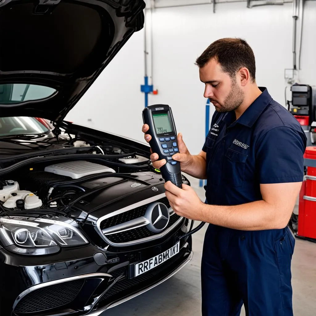 Mechanic Diagnosing Mercedes Engine