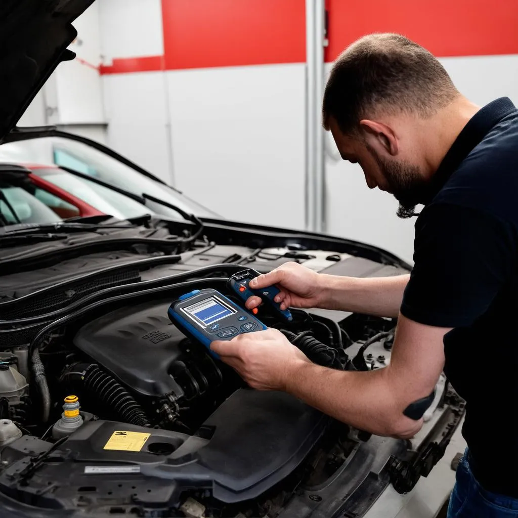 Mechanic connecting a diagnostic tool to a Mercedes engine