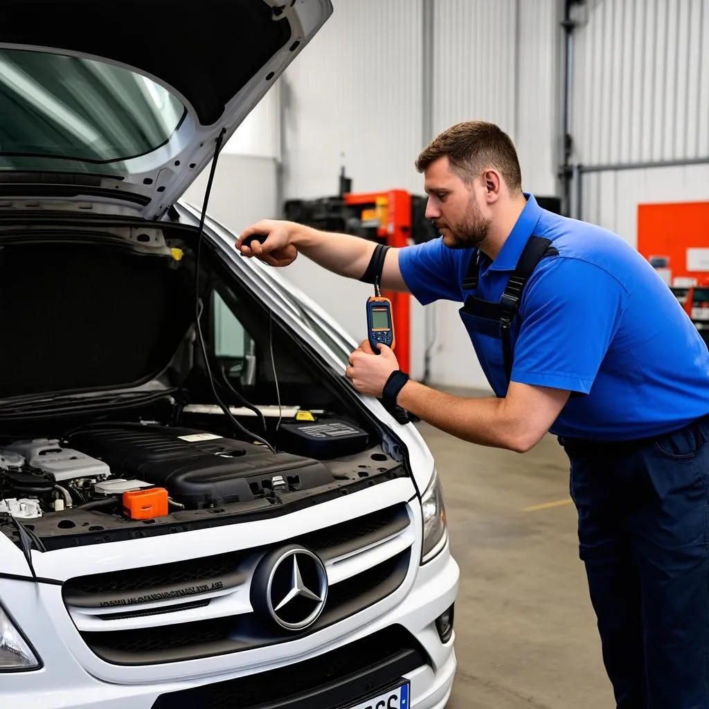 Mechanic diagnosing a Mercedes Sprinter ECM