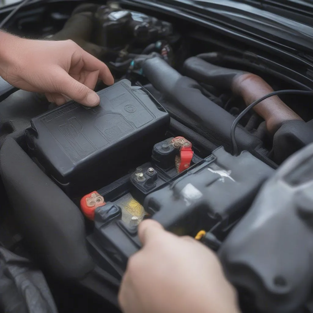 Mechanic disconnecting car battery in a Ford Mustang