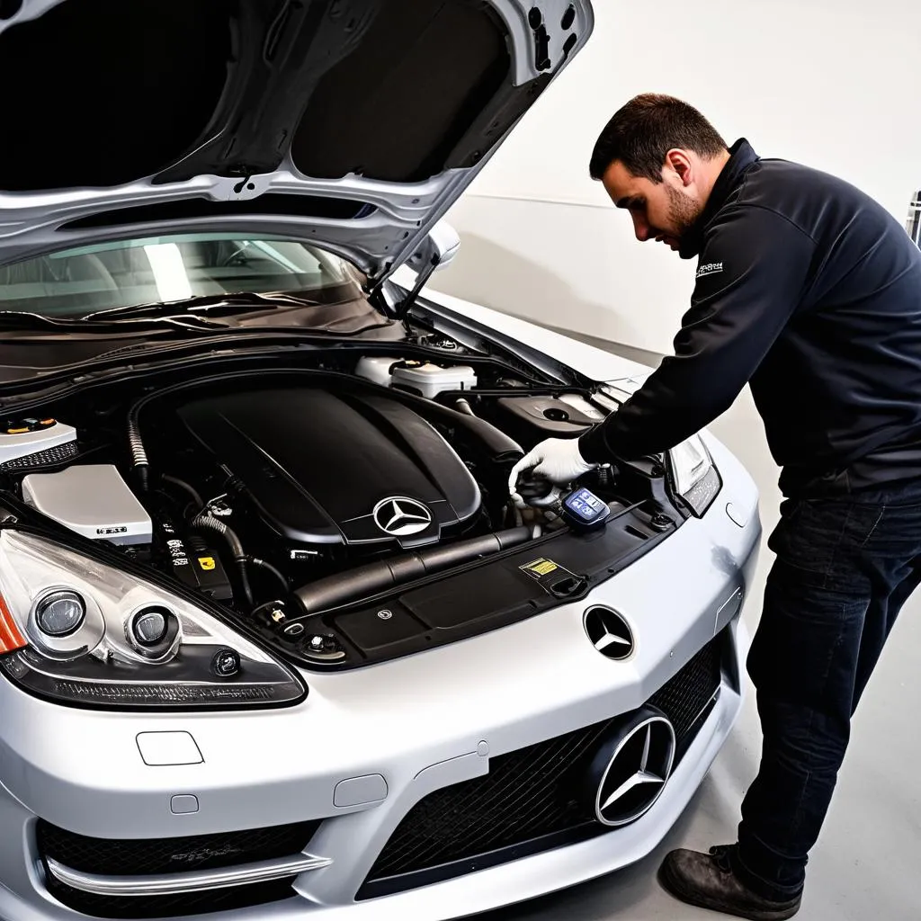 Mercedes-Benz Mechanic Inspecting Engine