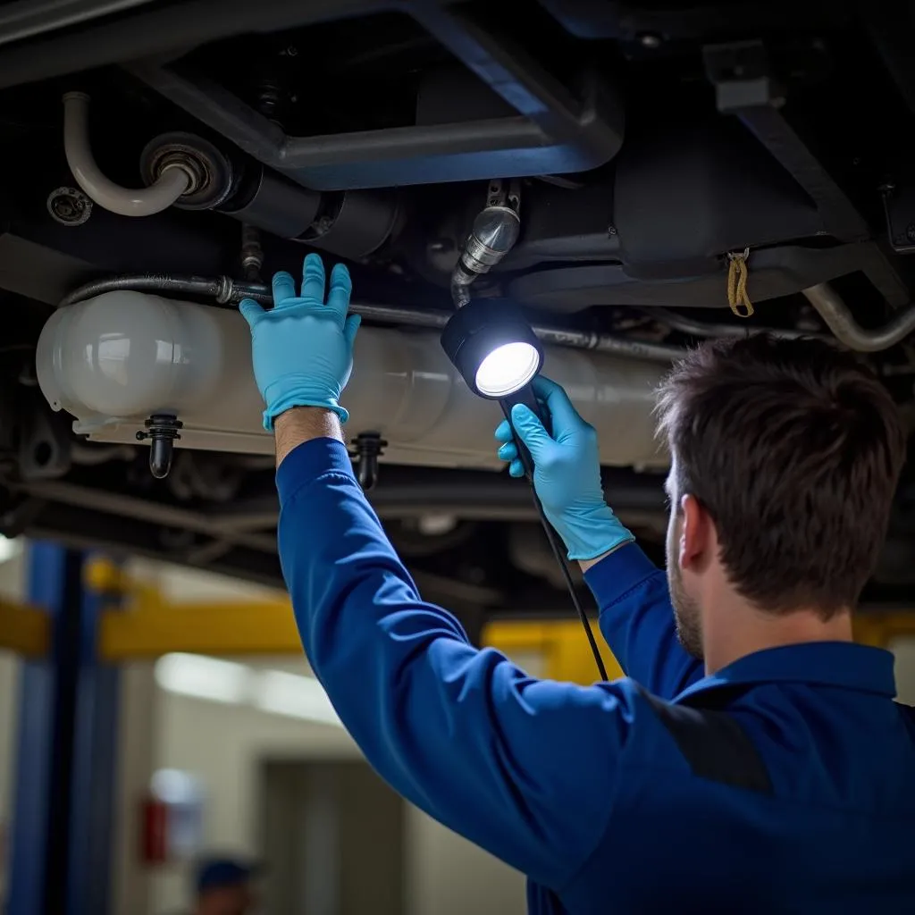 Mechanic inspecting a car's AdBlue system for leaks