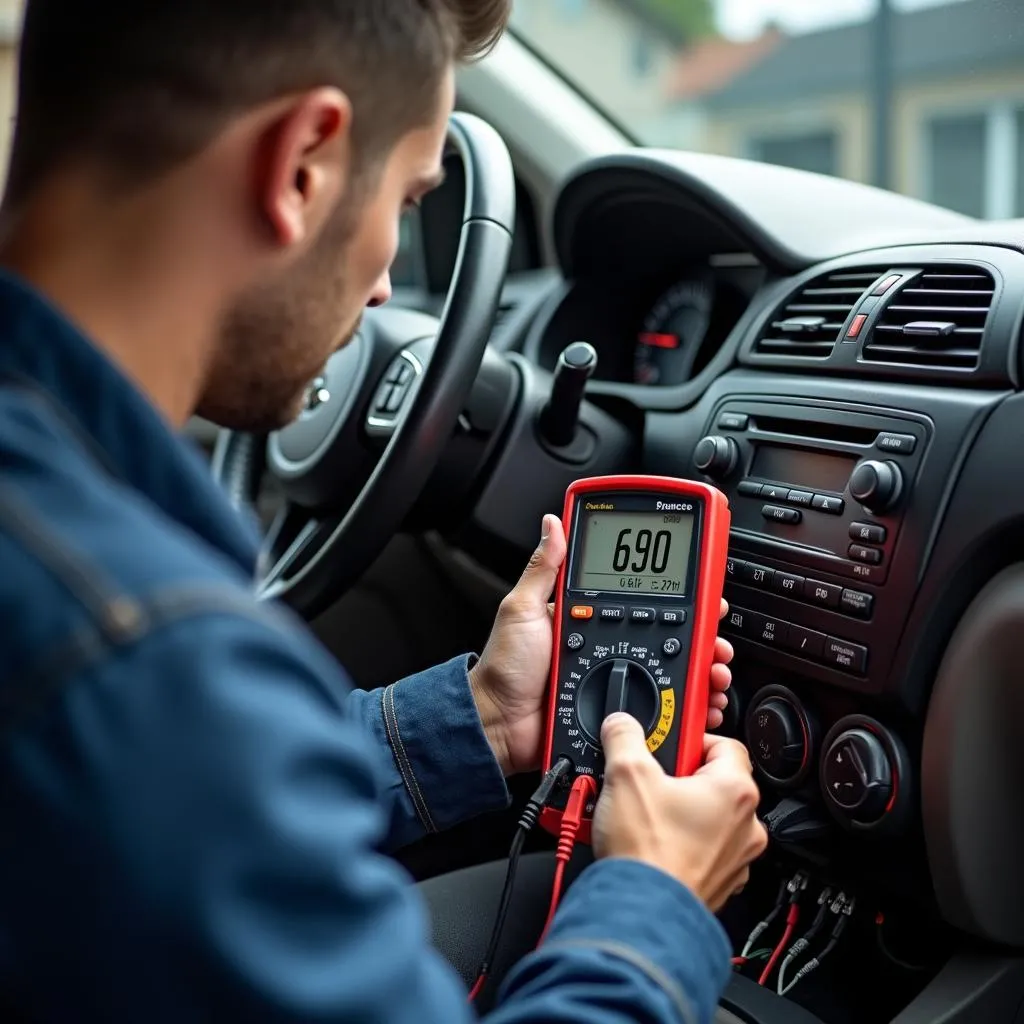 Mechanic inspecting a car audio system