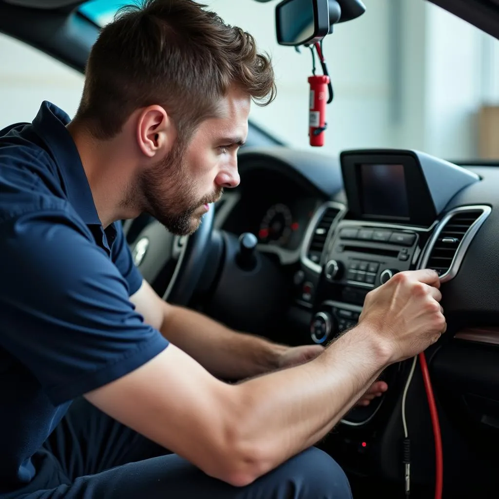 Mechanic Inspecting Car Audio System