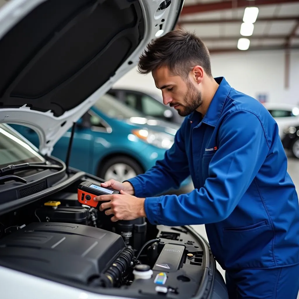 Mechanic Inspecting Car Electronics