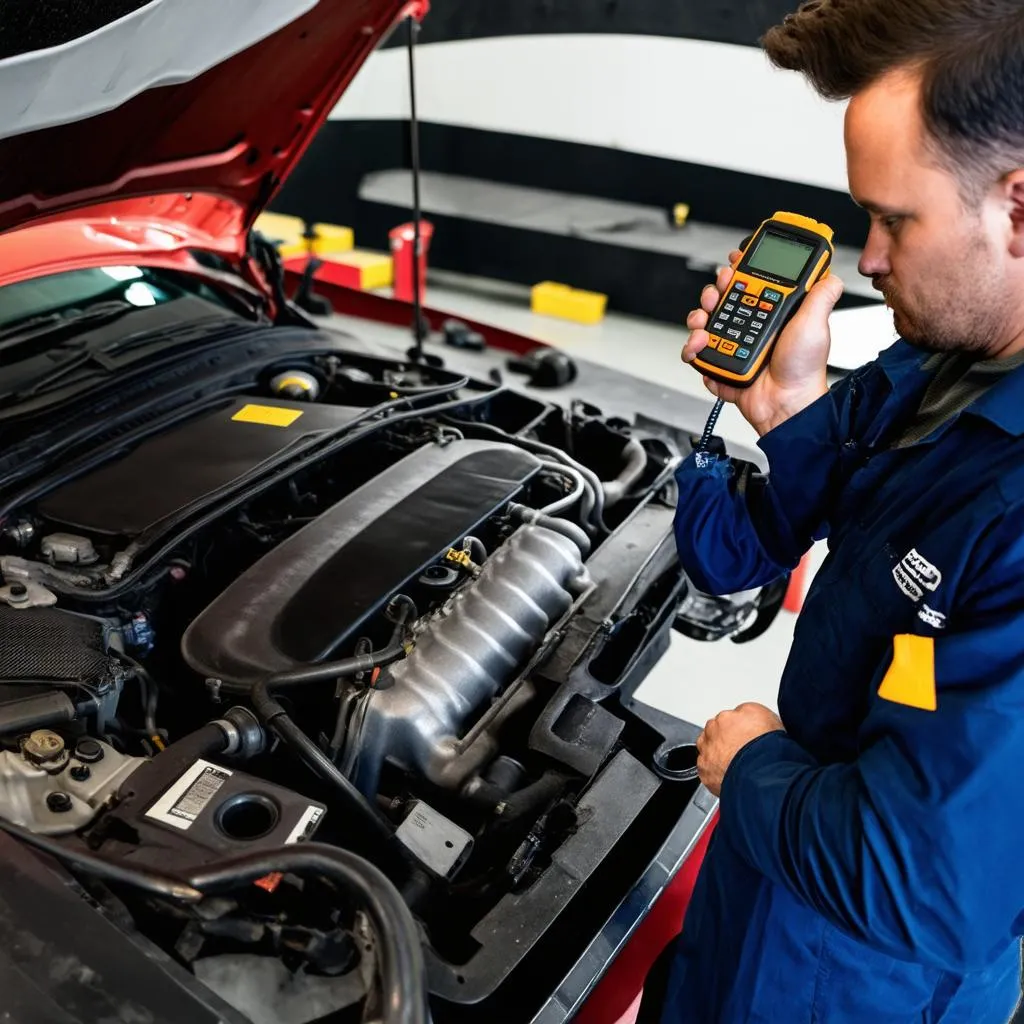 Mechanic inspecting car engine