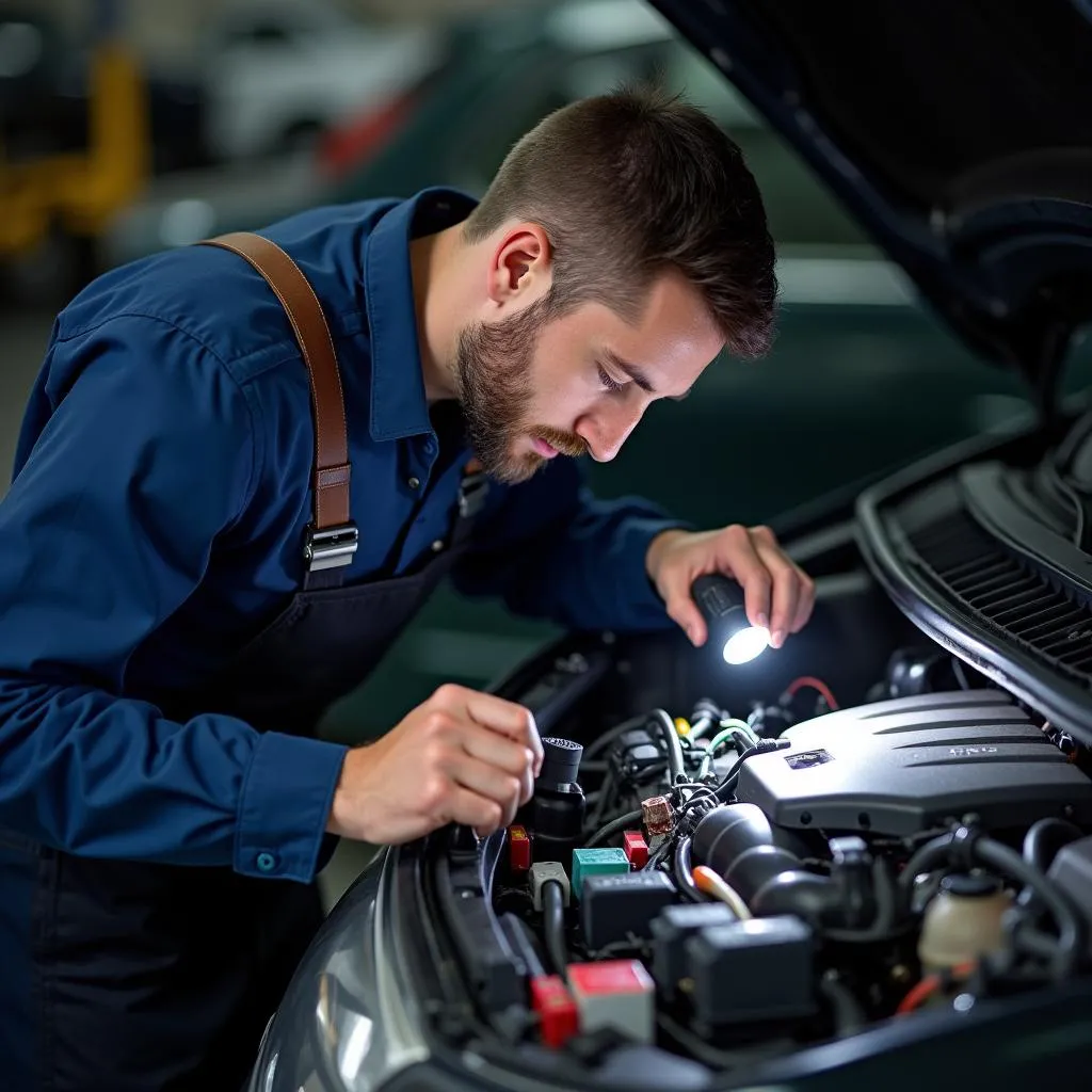 Mechanic inspecting car engine bay for faults