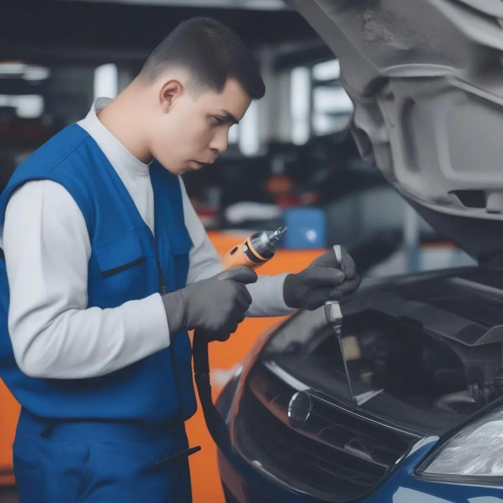 Mechanic Inspecting Car Mirror