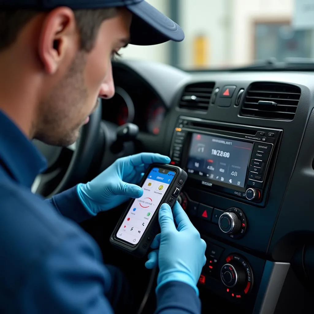 Mechanic inspecting car radio Bluetooth module