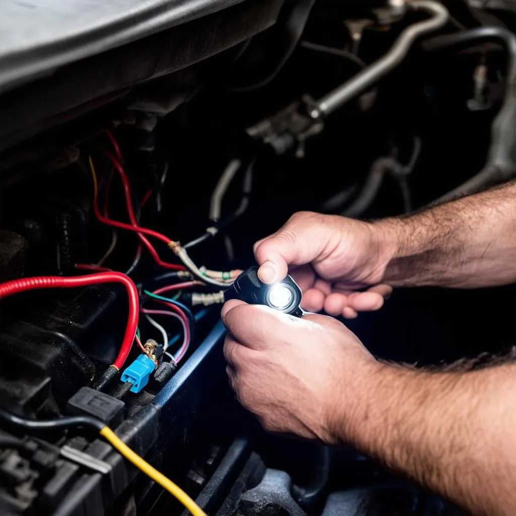 Mechanic Inspecting Car Wiring