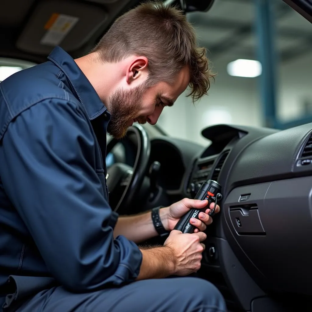 Mechanic inspecting car wiring under dashboard