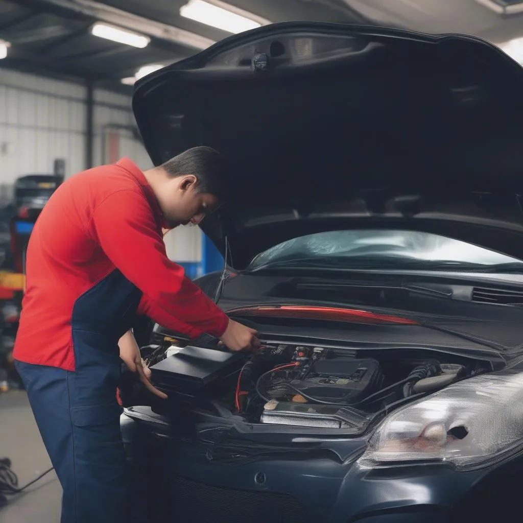 Mechanic inspecting a car's electrical system with a diagnostic tool