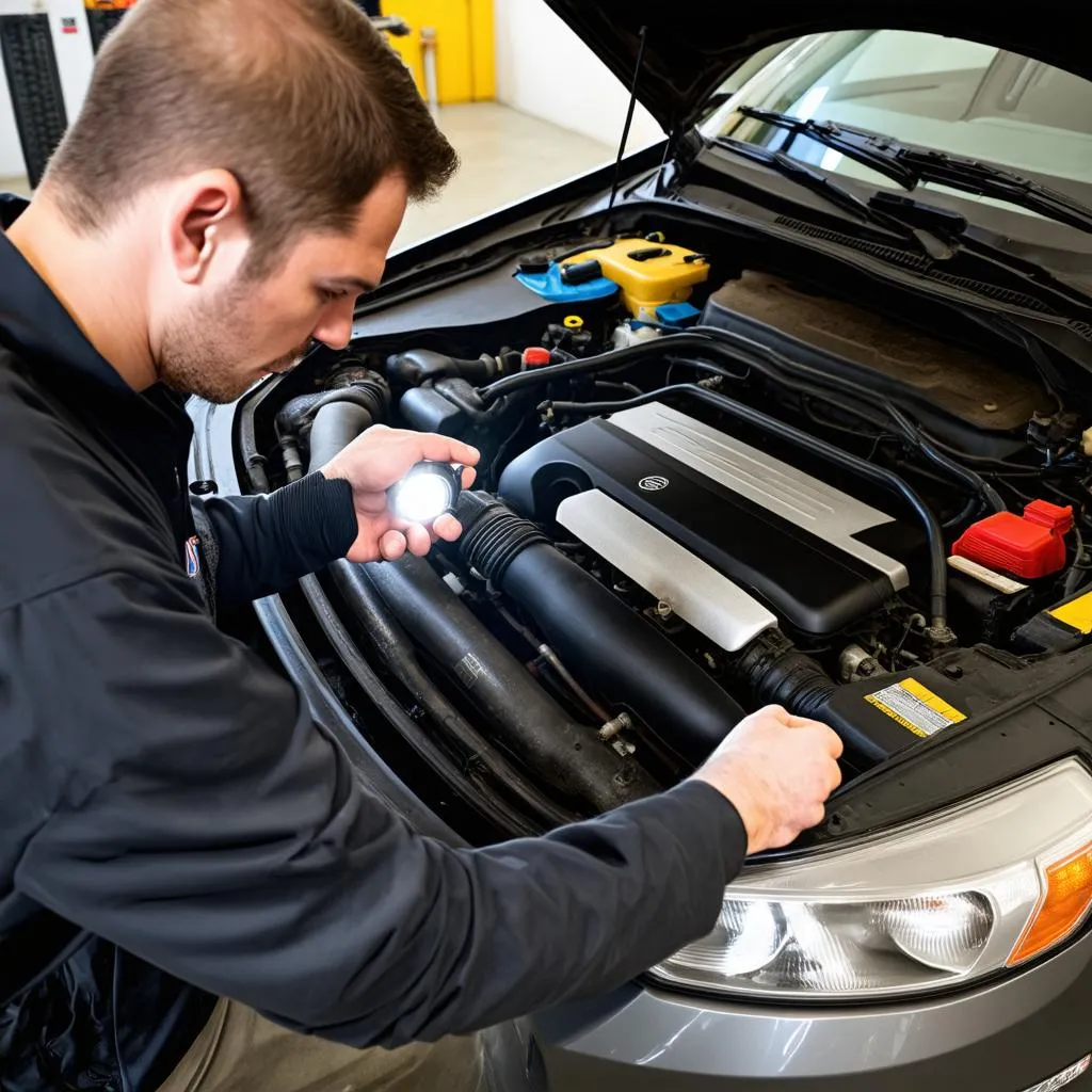 Mechanic inspecting engine