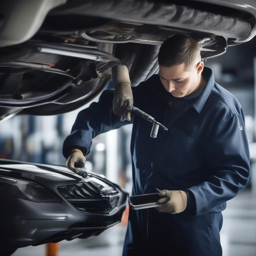 Mechanic inspecting Mercedes suspension