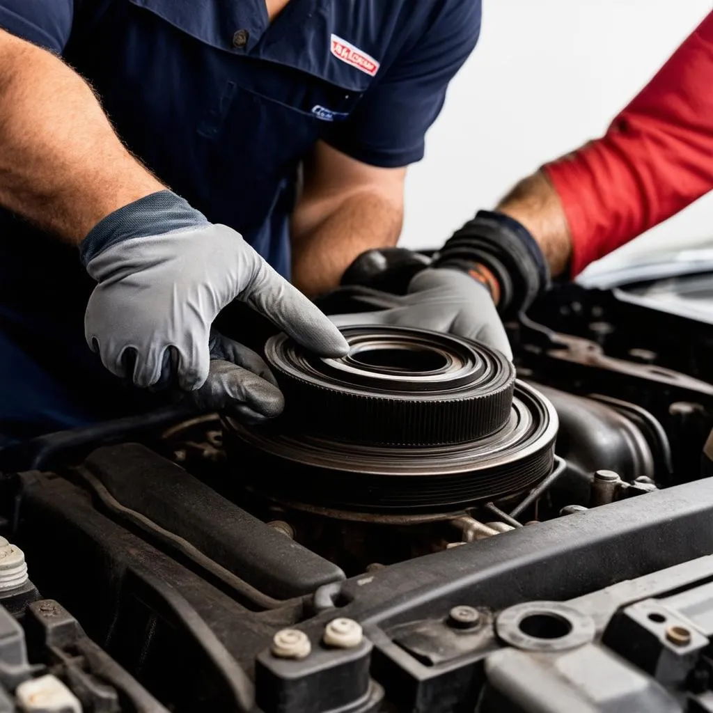 Mechanic inspecting a rear main seal installation