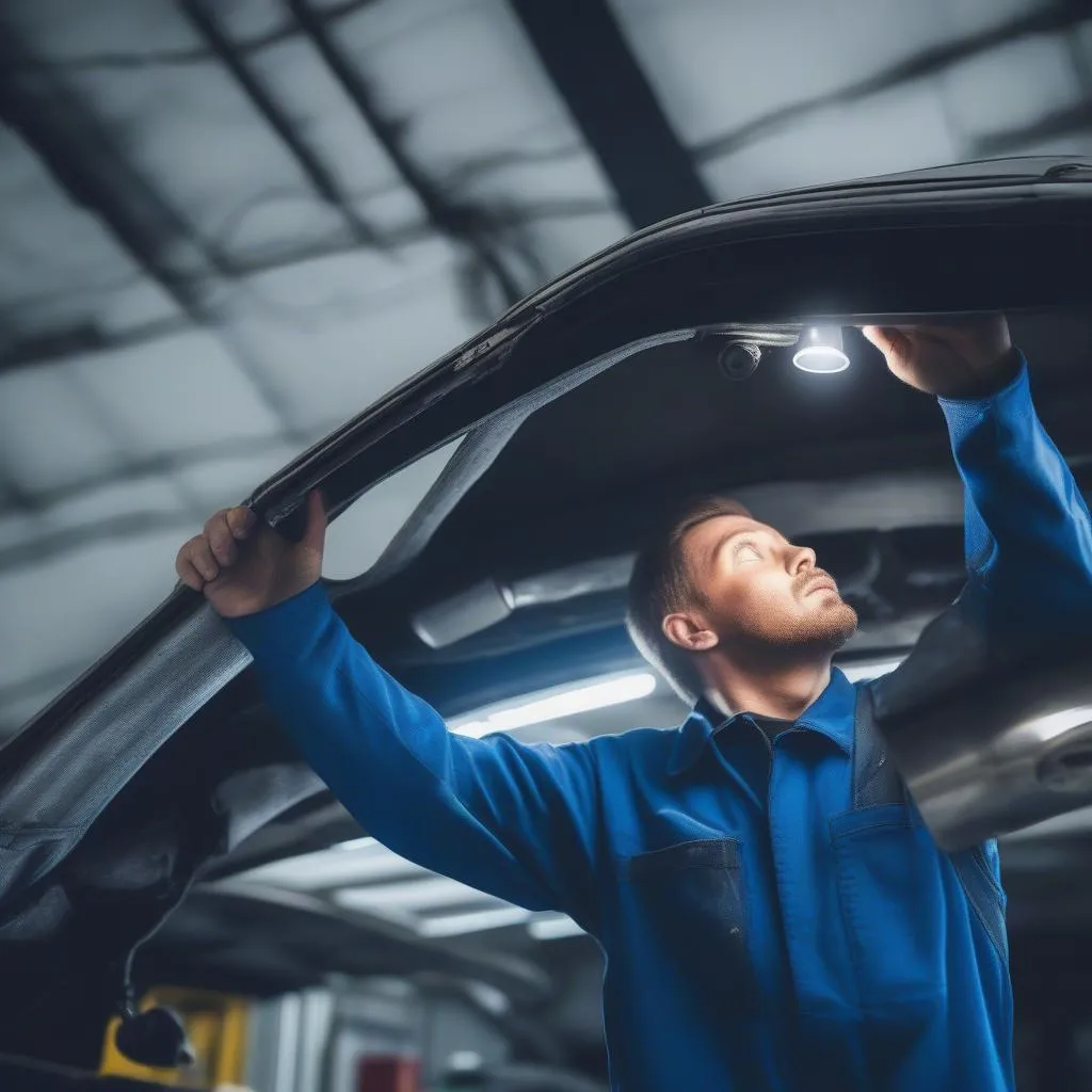 car mechanic inspecting sunroof mechanism