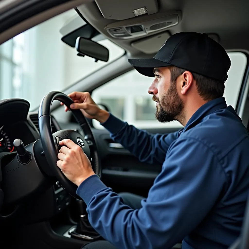 Mechanic installing car alarm system