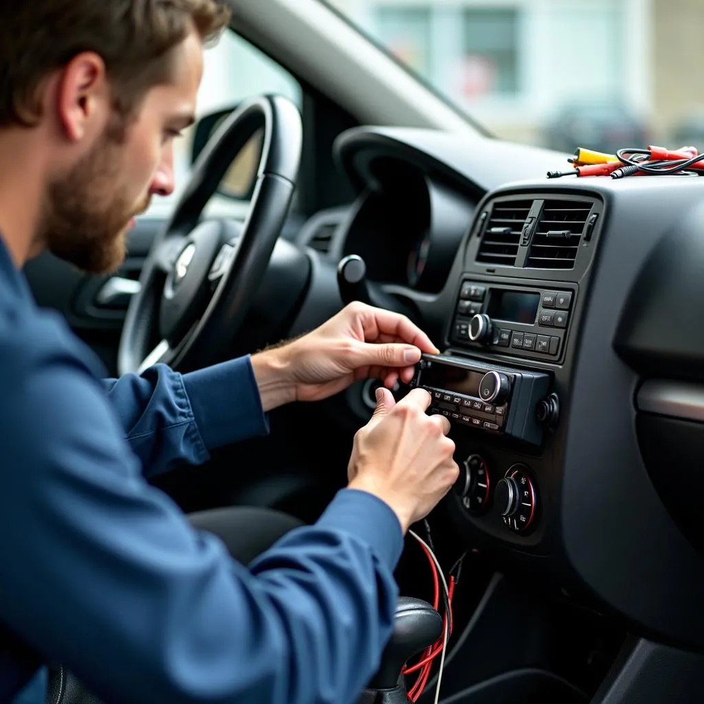 Car audio installation with mechanic working on dashboard