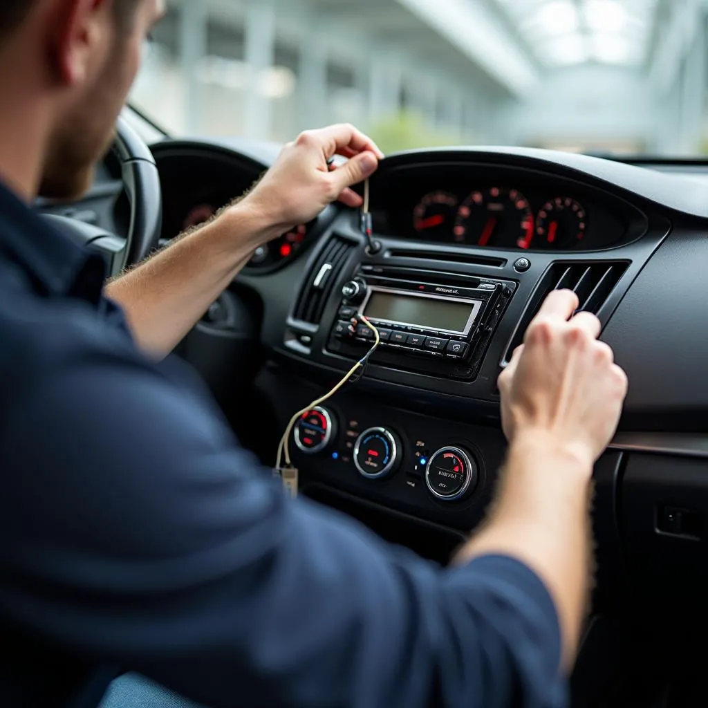 Car Mechanic Installing a New Radio