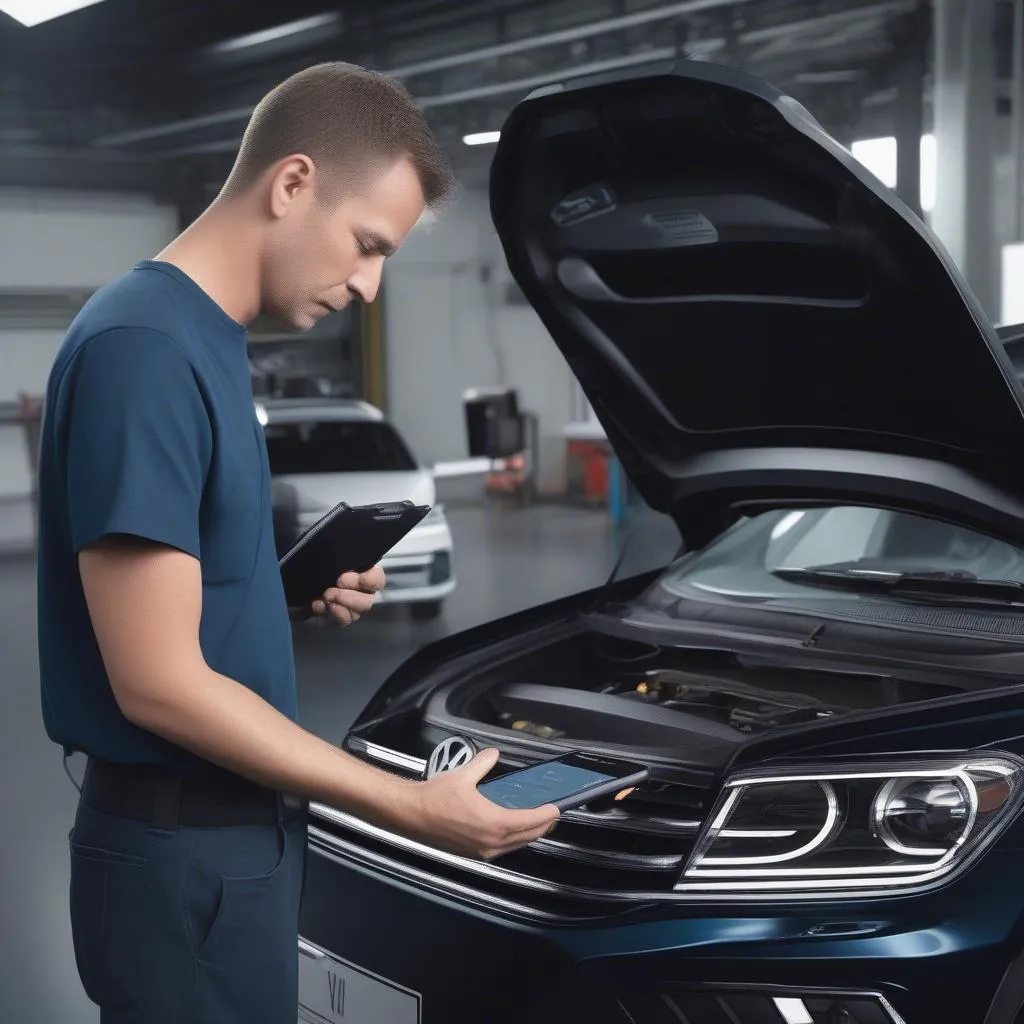 Mechanic Performing Diagnostic Scan on Tiguan