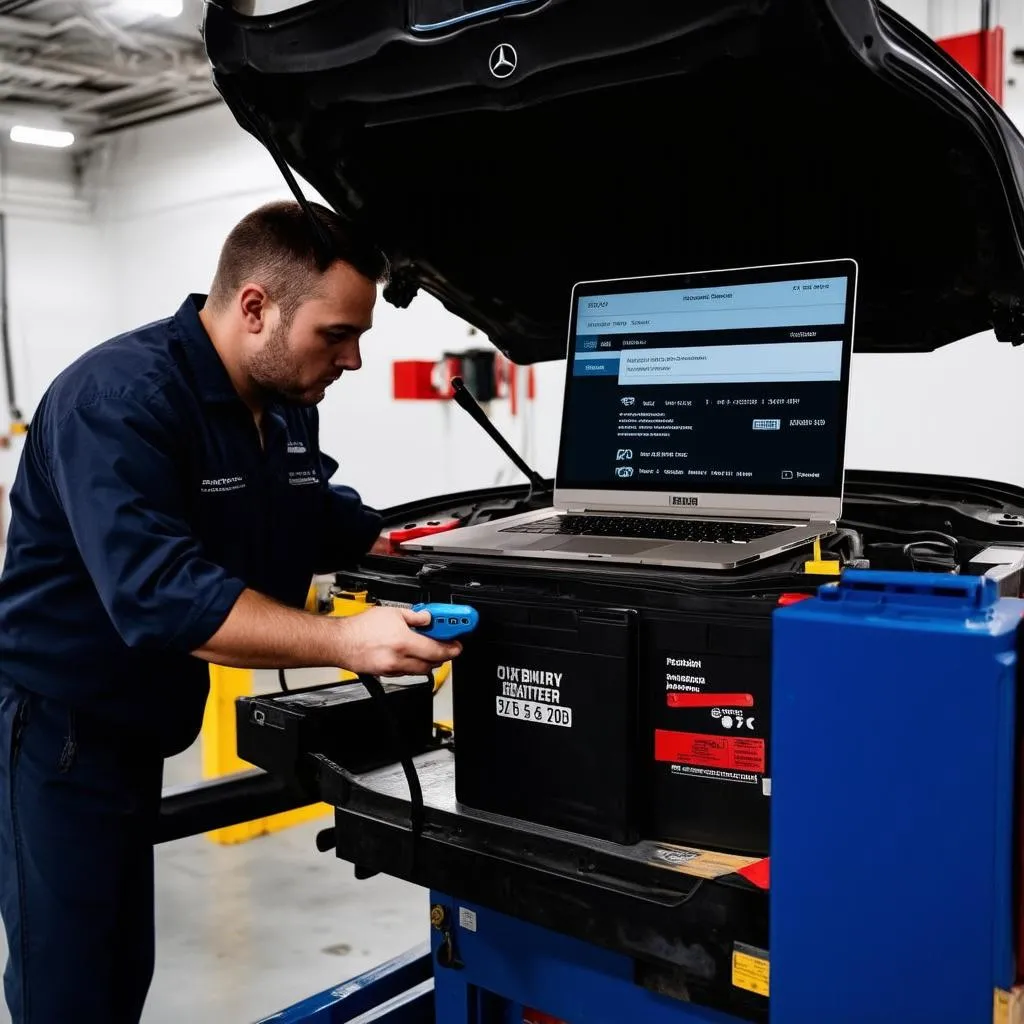 Mechanic using a battery registration tool