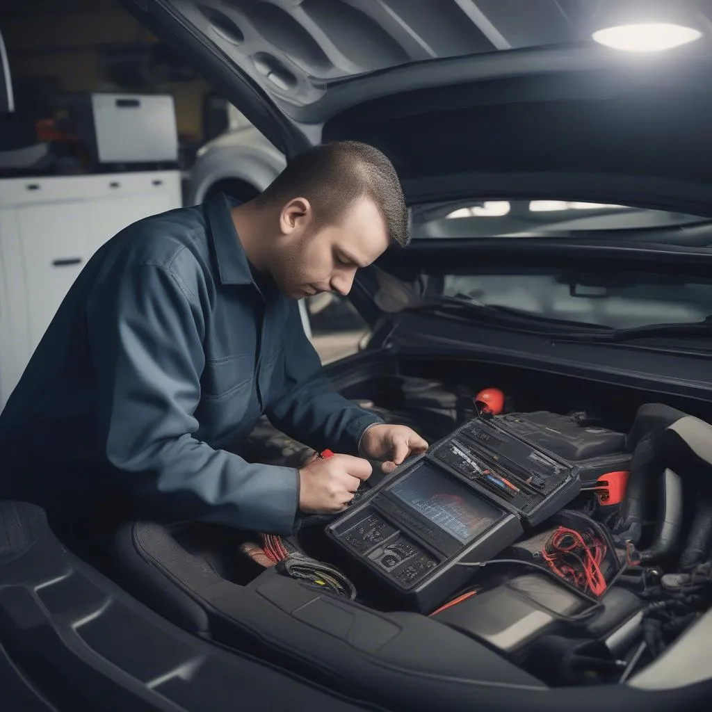 Car mechanic repairing a car