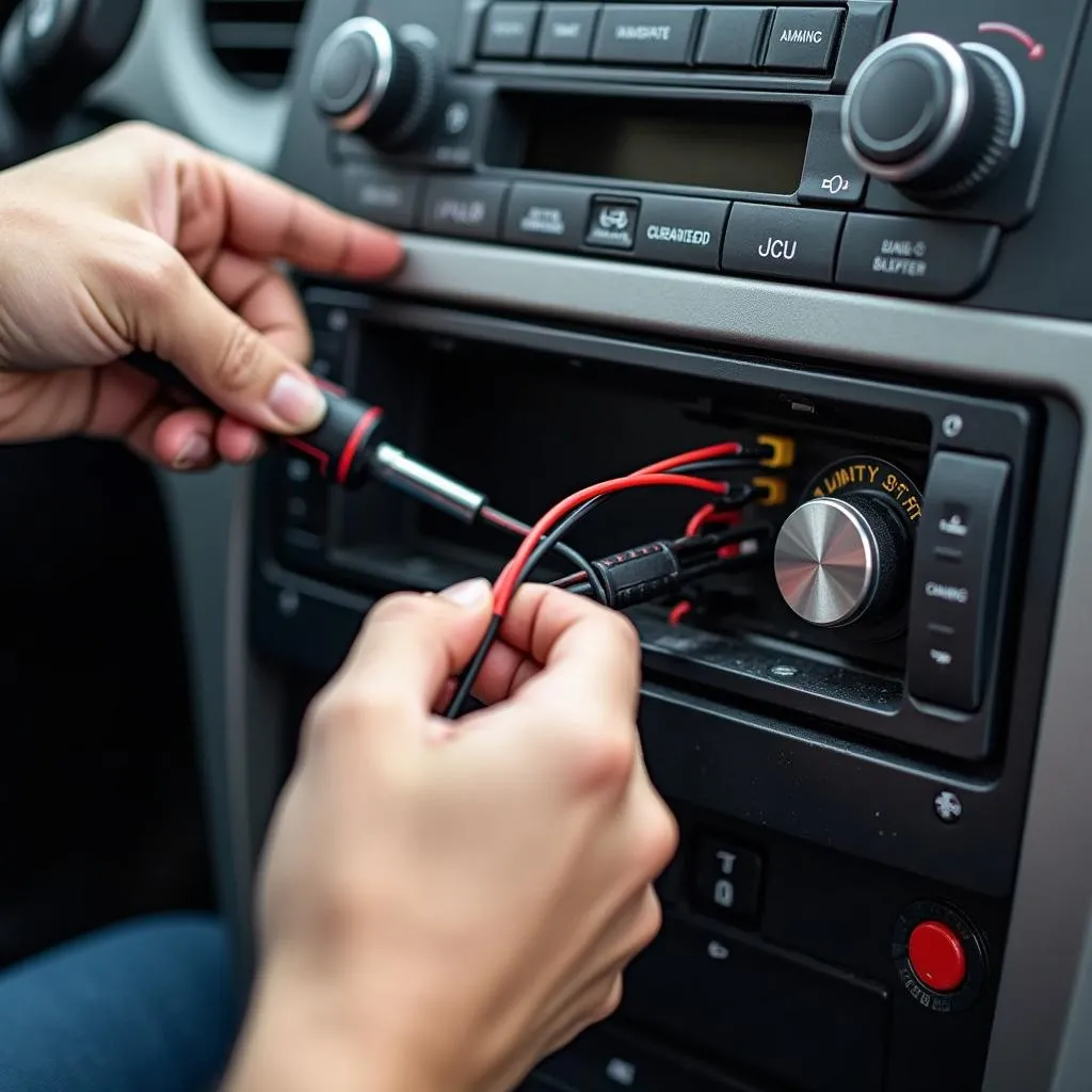 Mechanic repairing car radio wiring