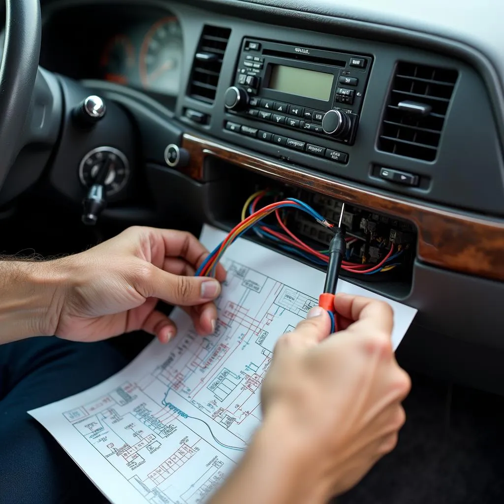 Mechanic Repairing Car Radio Wiring with a Diagram