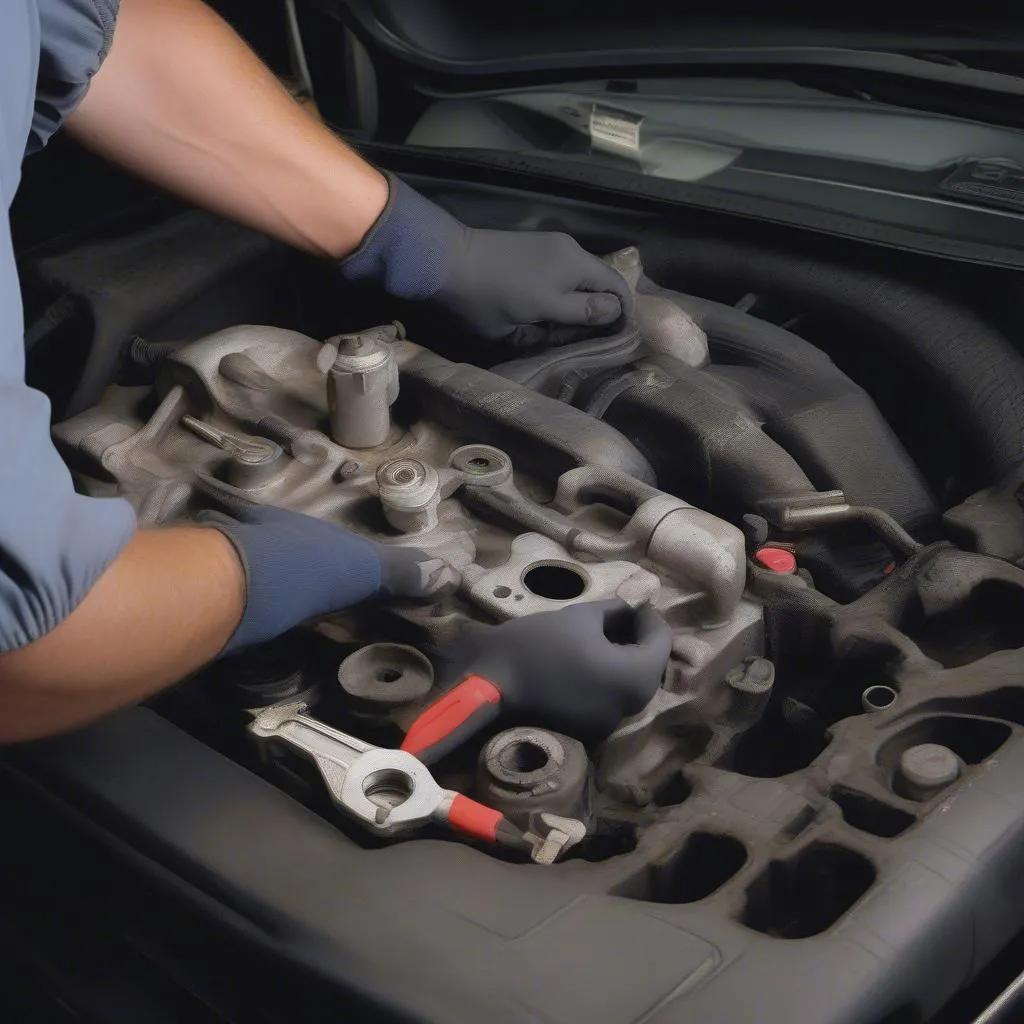 Mechanic working on the ignition system of a 2000 Ford F-150