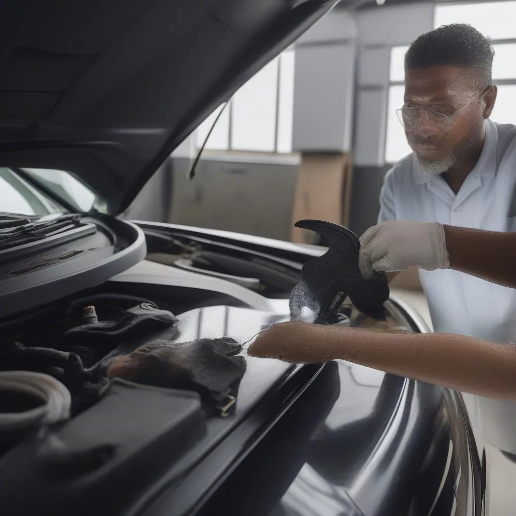 Mechanic repairing Mercedes Benz sunroof