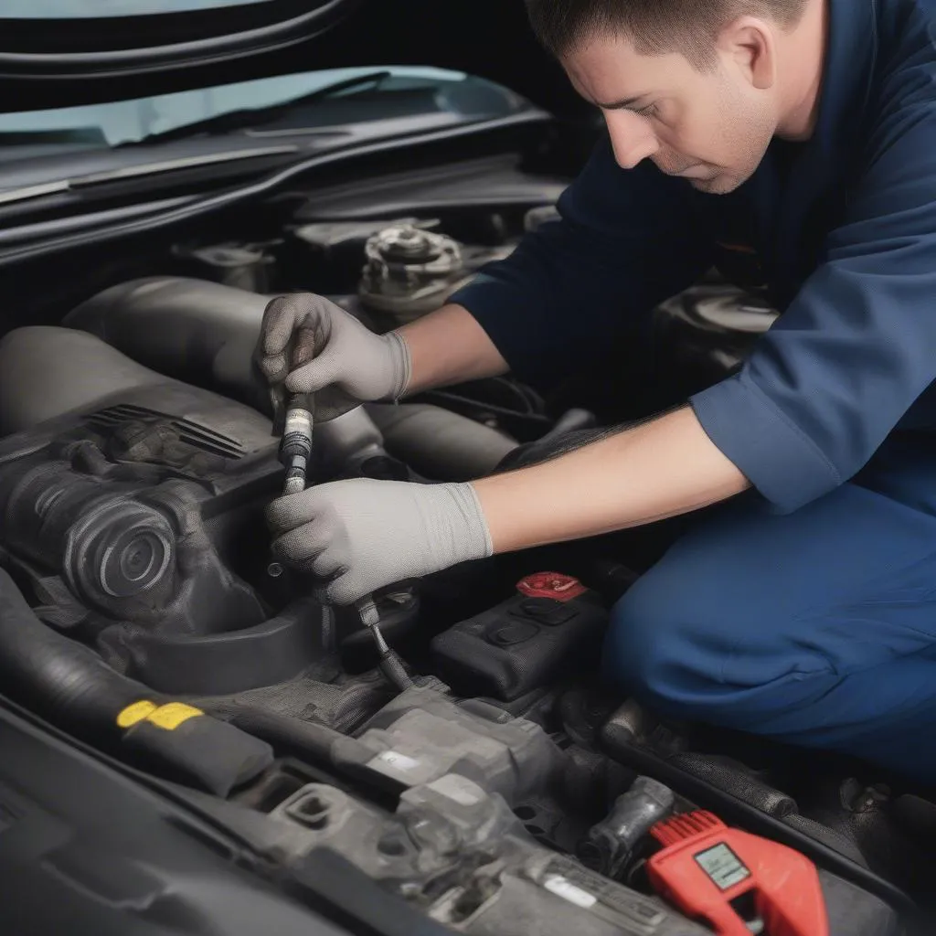 Mechanic Replacing Crankshaft Sensor