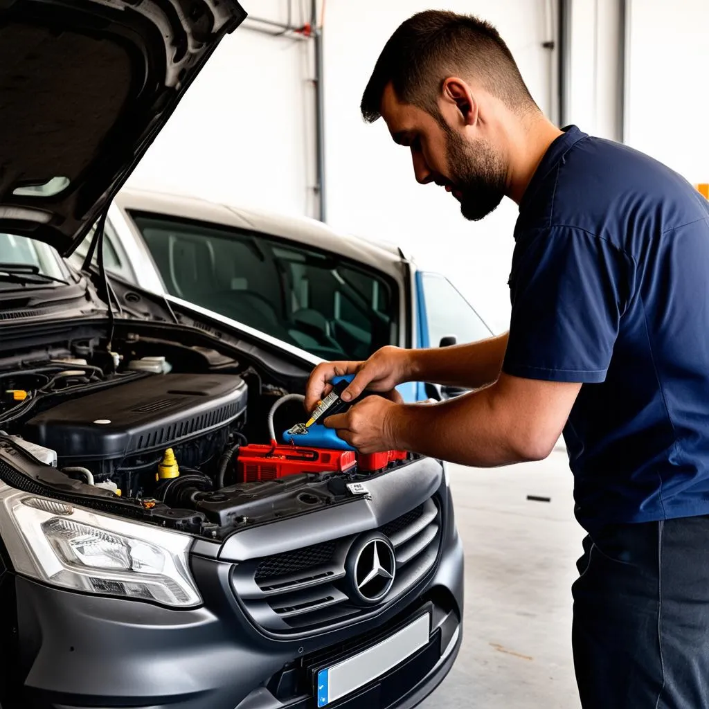 Mechanic testing alternator with multimeter