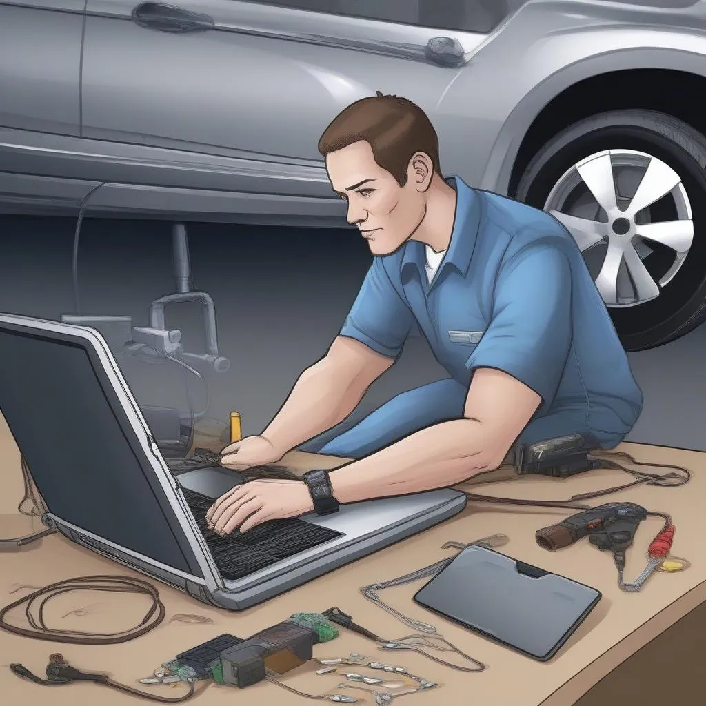 Mechanic updating car software using a laptop