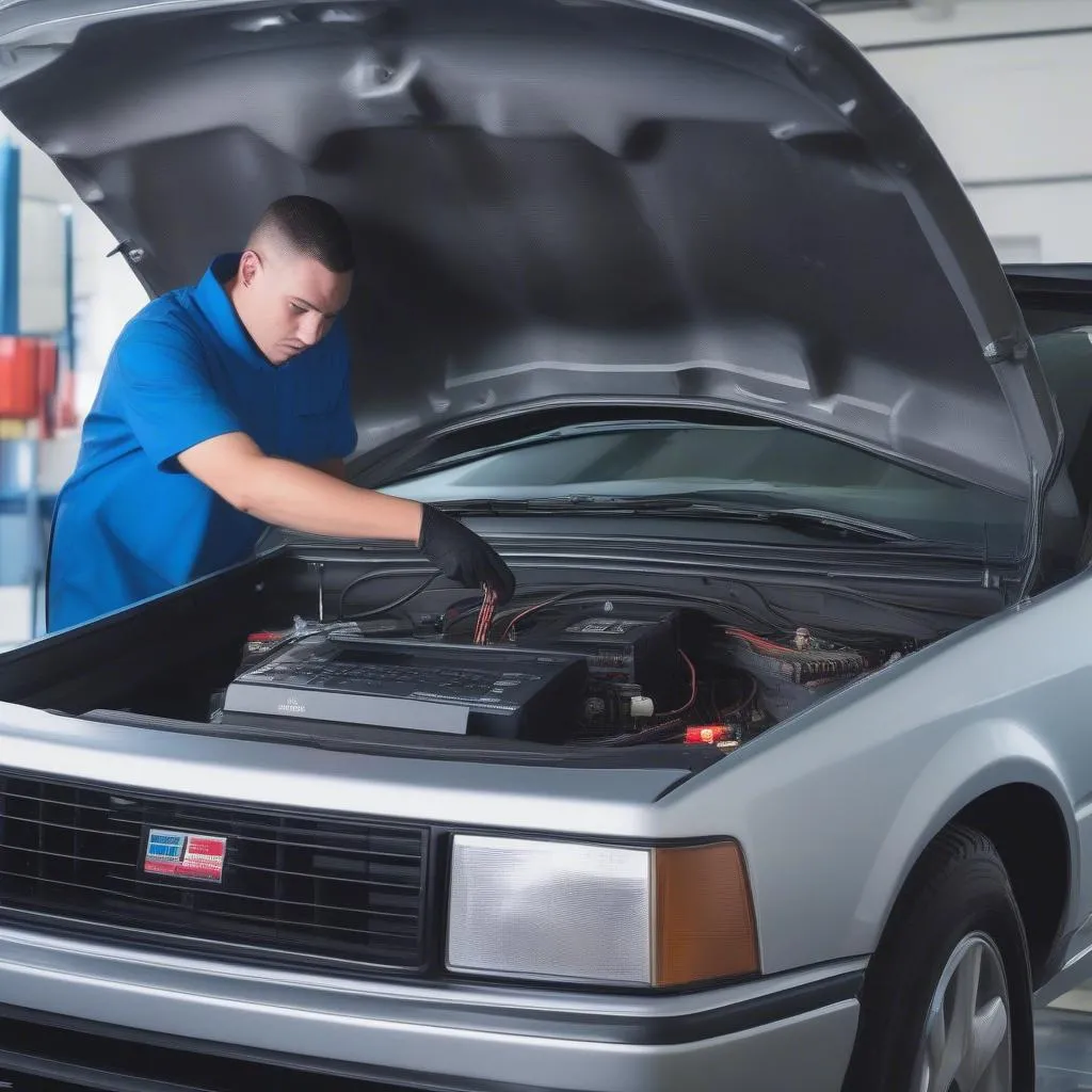 Mechanic plugging in a code reader to the car's OBD port