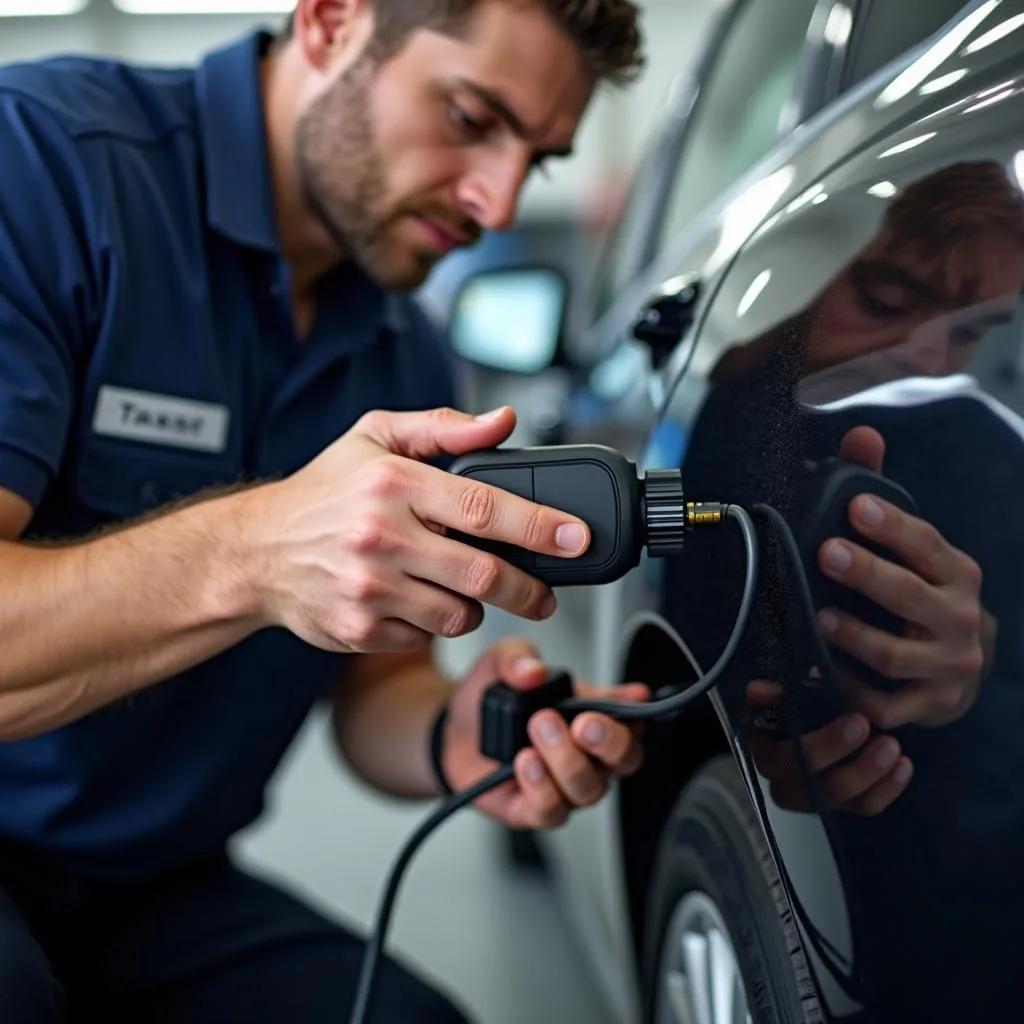 Technician using a car diagnostic tool