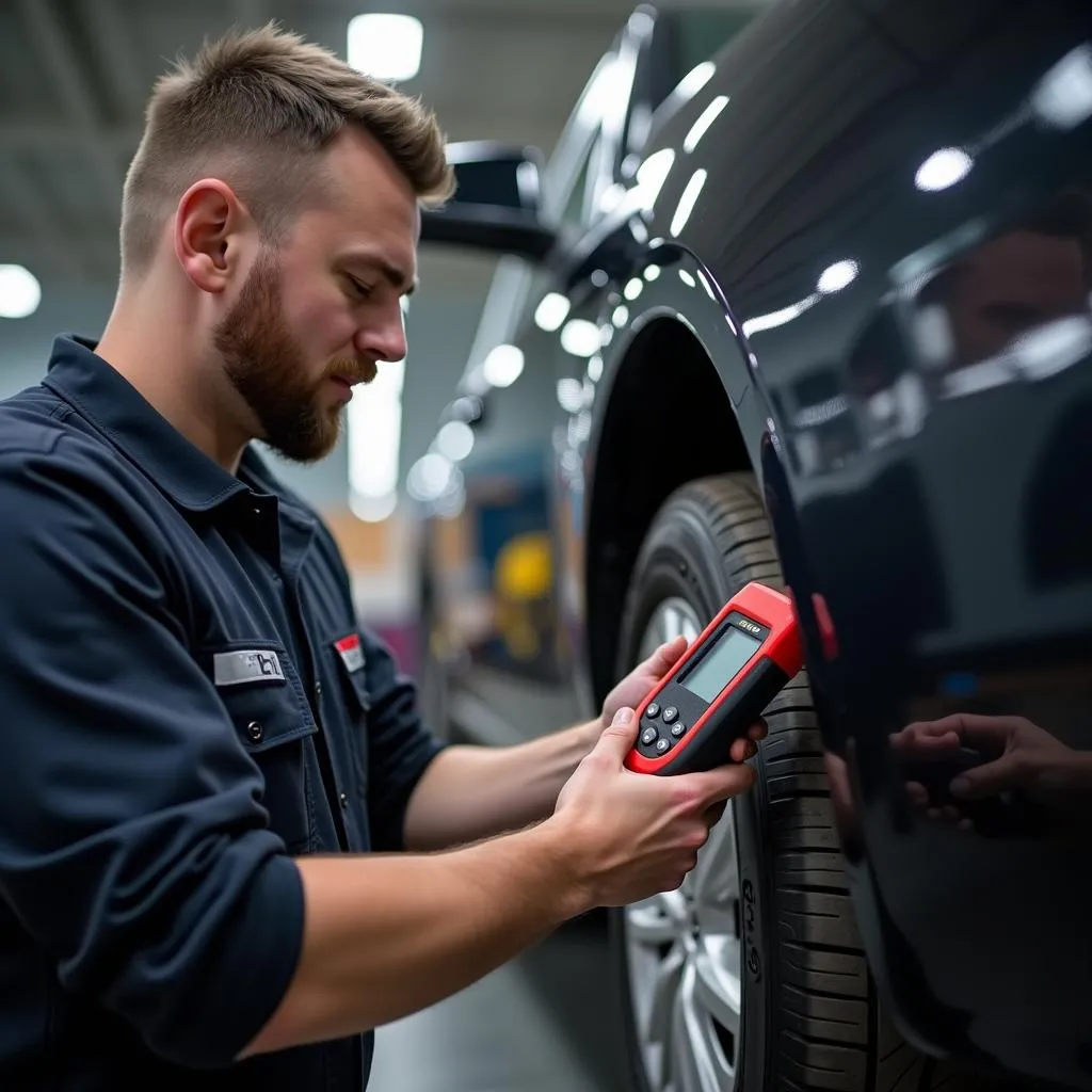 Mechanic connecting a car diagnostic tool to a vehicle's OBD-II port