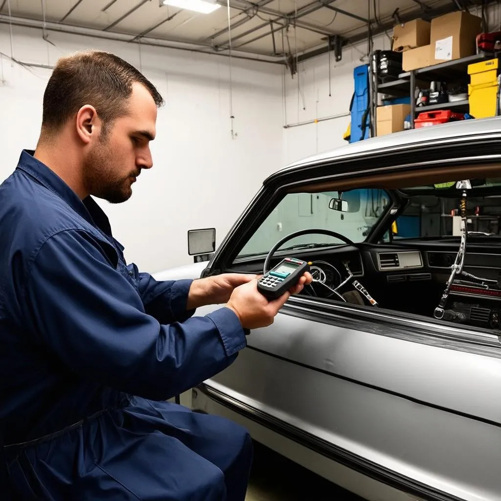 Mechanic Using Code Reader on 1990s Mercedes