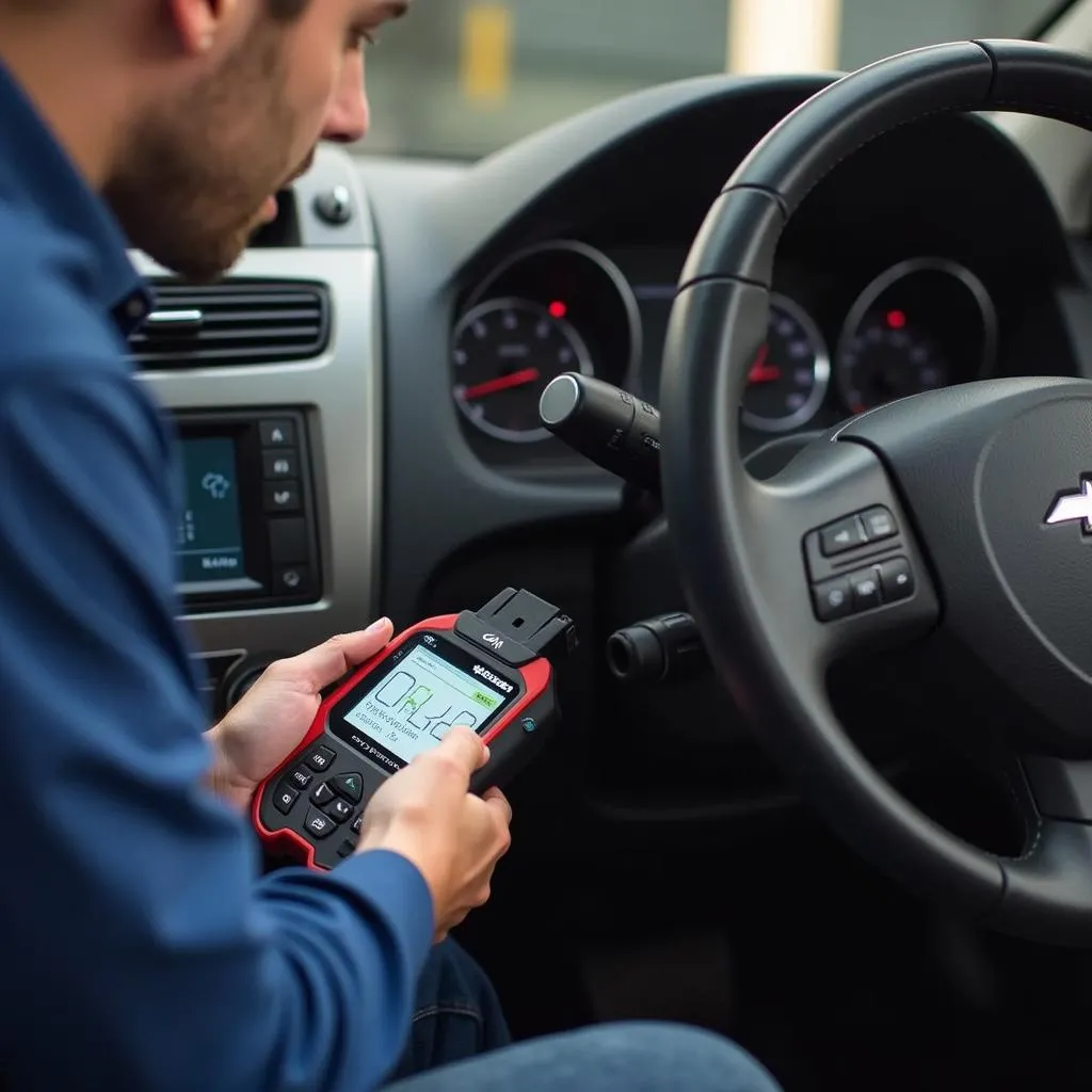 Mechanic connecting a code reader to a car's OBD-II port