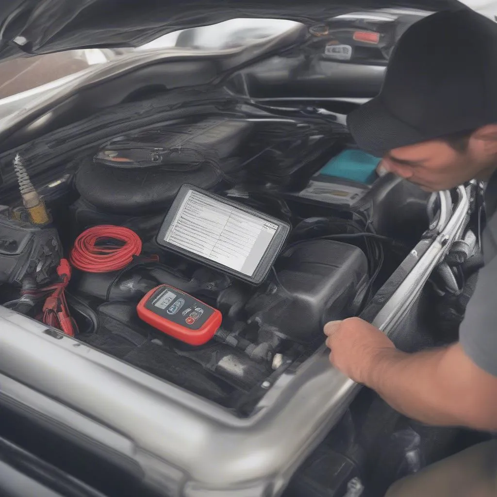 Mechanic Using Code Reader to Diagnose Car Problems