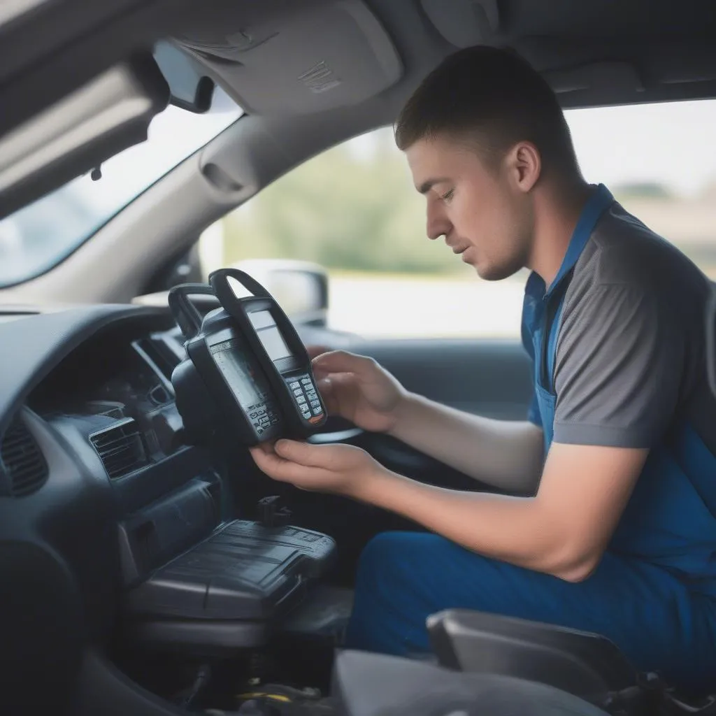 Mechanic using code reader to diagnose car problems