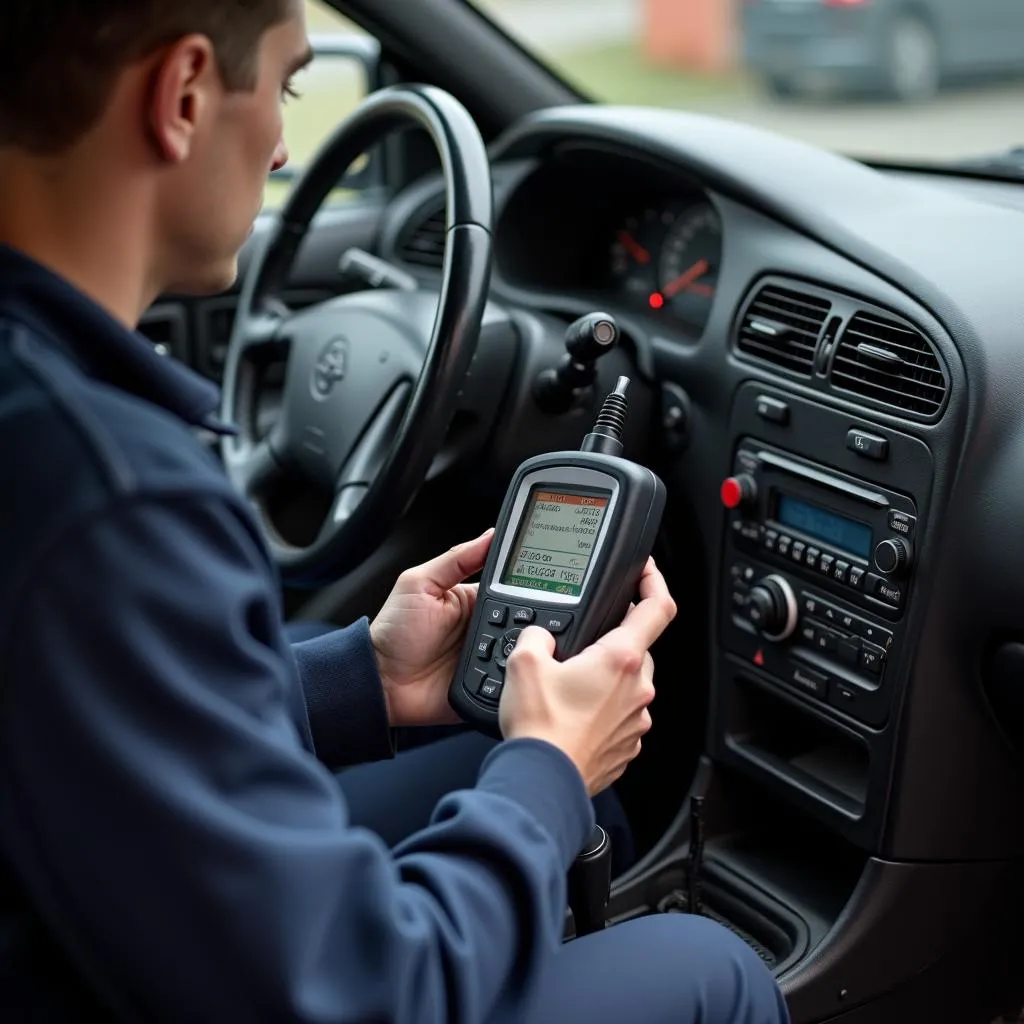 Mechanic diagnosing car with code reader